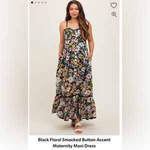 Black Floral Smocked Button Accent Maternity Maxi Dress (Size M)